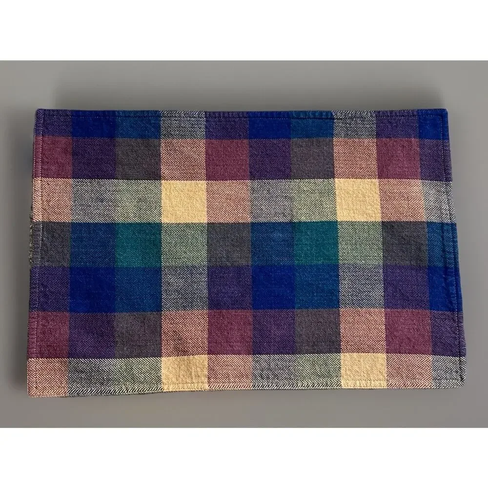 90s Country Farmhouse Cotton Plaid 4 Placemats and 1 Napkin Gold Green Blue
